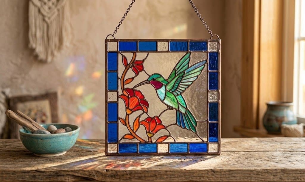 Stained glass panel of a hummingbird at red trumpet flowers, bordered in blue glass and copper