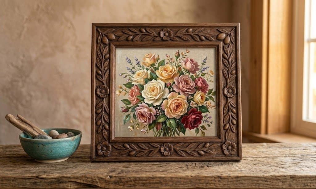 Acrylic painting of a rose bouquet in cream, peach and crimson, in a carved floral wooden frame