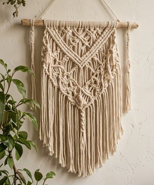 Cream macramé wall hanging with a chevron pattern and long fringe, suspended from a driftwood branch