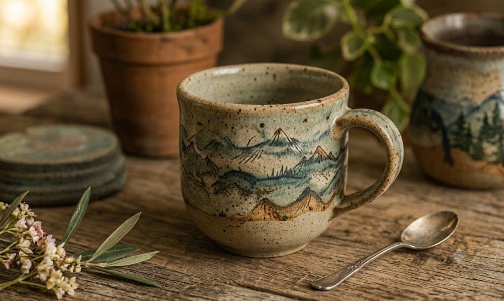 Speckled stoneware mug painted with a blue mountain range, on a wooden sill beside a spoon