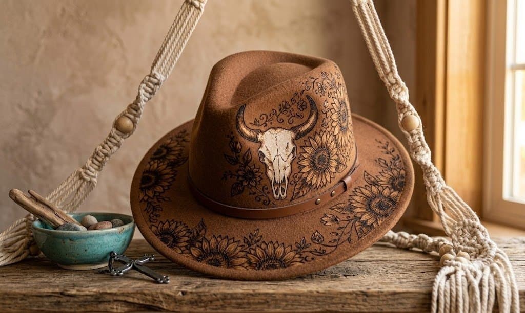 Tan wool felt brimmed hat burned with a longhorn skull and sunflower design